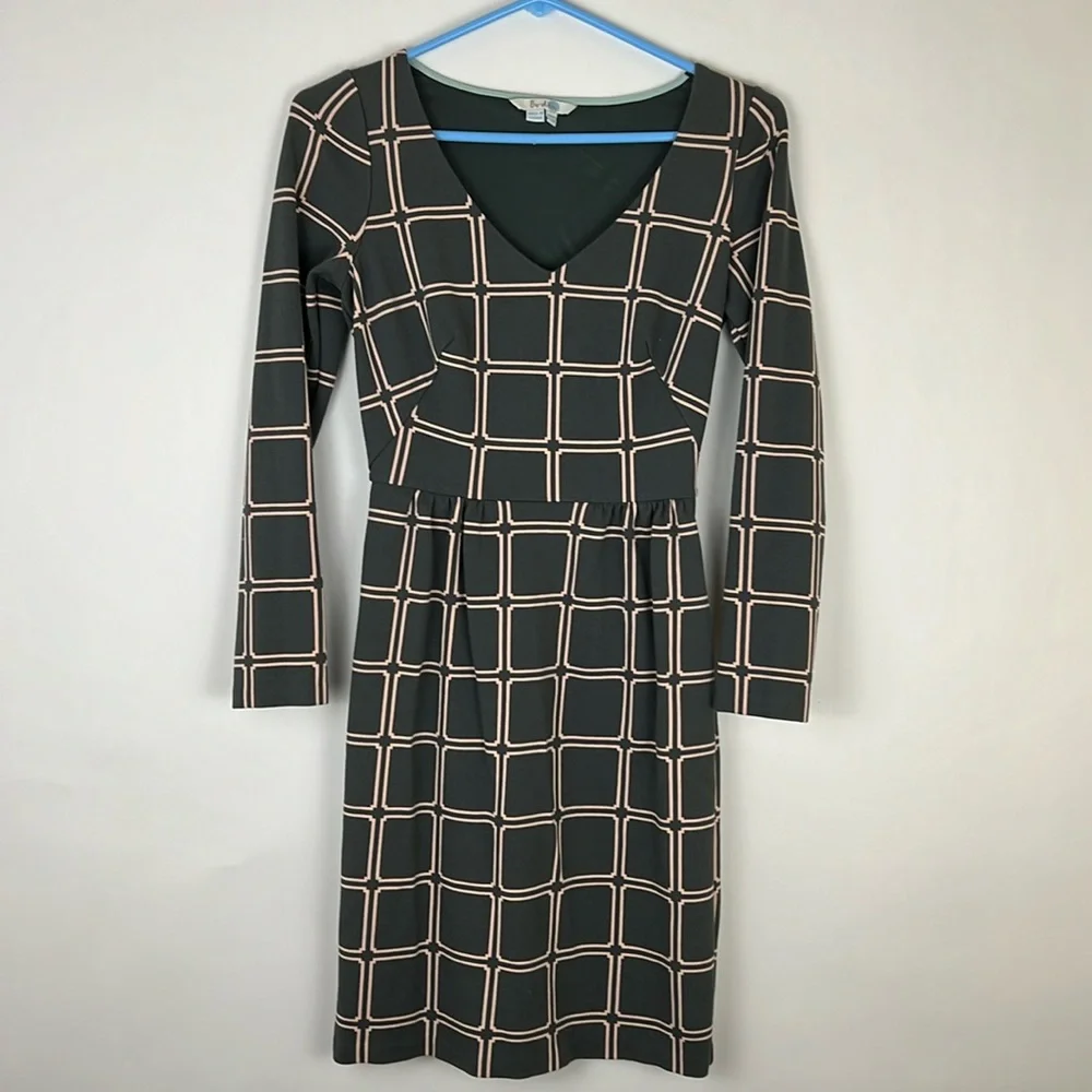 BODEN Eliza Ponte dress long sleeve in olive green and peach block desig… - Picture 1 of 11